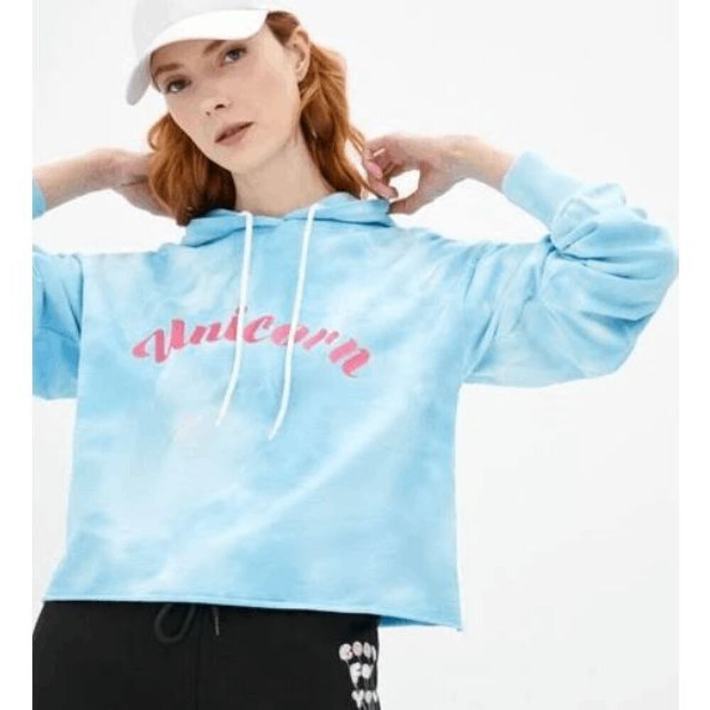 NEW! IRENEISGOOD Unicorn Crop Hoodie Blue White Tie‎ Dye Boxy Oversized Small